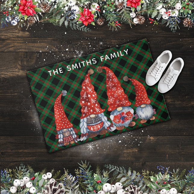 Christmas Nordic Family Gnomes Green Plaid  Doormat (Creator Uploaded)