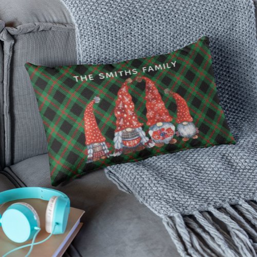 Christmas Nordic Family Gnomes Green Plaid  Lumbar Pillow