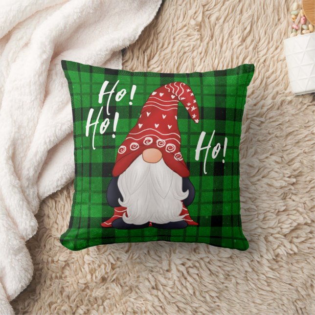 Christmas Nordic Gnome Green Plaid  Throw Pillow (Blanket)