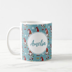 Christmas Nordic Gnomes Blue Pattern With Name Coffee Mug
