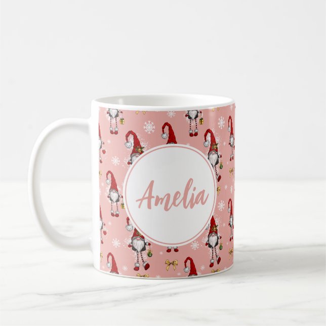 Christmas Nordic GnomesPink Pattern With Name  Coffee Mug (Left)