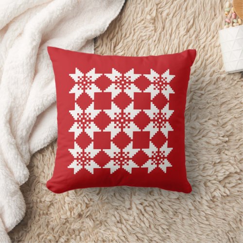 Christmas Nordic Knit Pattern White Snowflake Red Throw Pillow