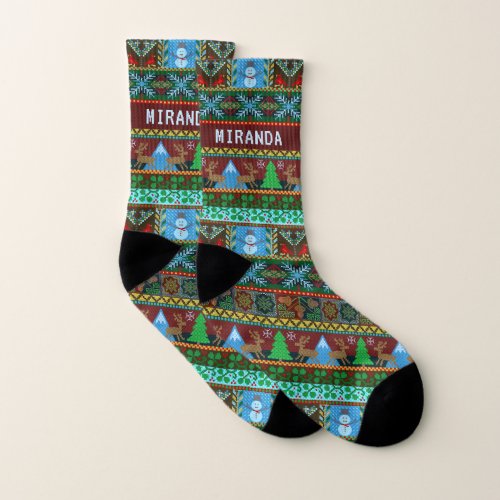 Christmas Nordic Knit Snowmen Reindeer  Name Sm Socks