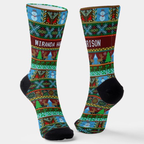 Christmas Nordic Knit Snowmen Reindeer  Name Socks