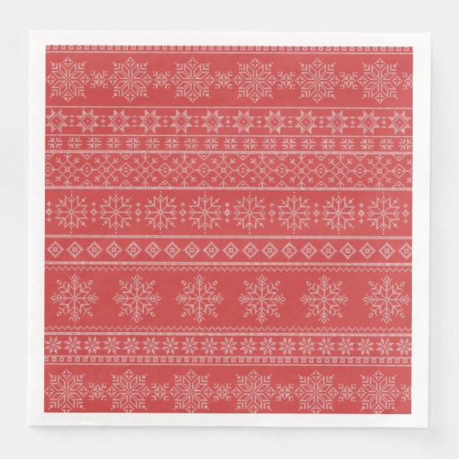 Christmas nordic knitwear red white snowflake  paper dinner napkins (Front)