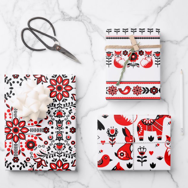 Christmas Nordic Scandinavian Swedish Black Red Wrapping Paper Sheets (Front)