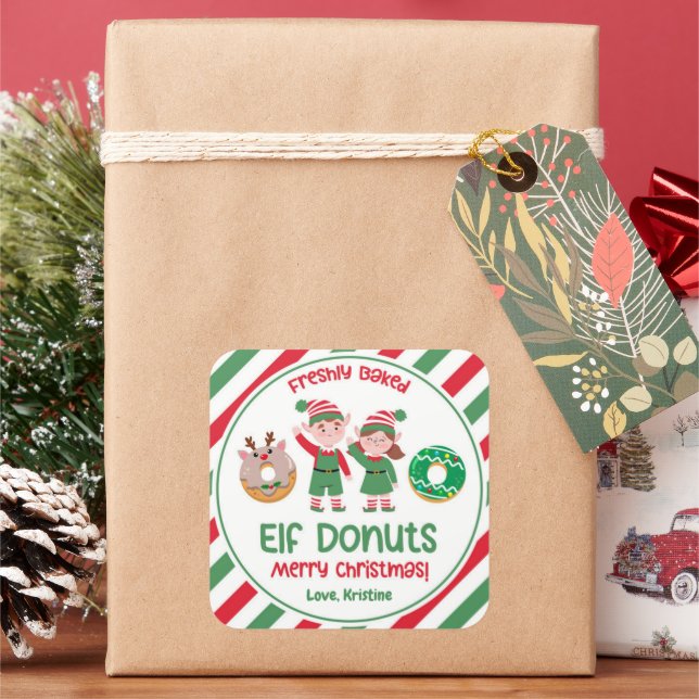 Christmas North Pole Elf Donuts Gift Square Sticker (Holiday)