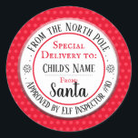 Christmas North Pole Workshop Custom Name Classic Round Sticker<br><div class="desc">Santa's Workshop Elf Inspector # any number and custom kids name. Fun stickers to add to kids gifts!</div>