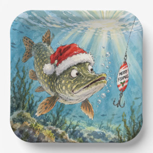 Christmas Northern Pike Fish with Santa Hat Paper Plates