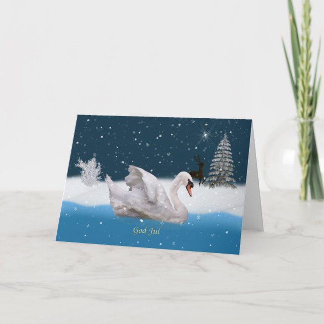 Christmas, Norwegian, Snowy Night with Swan Holiday Card (Front)