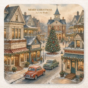 Christmas, Nostalgic Small Town Holiday Street Square Paper Coaster