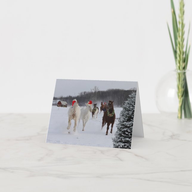 Christmas note card of running horses (Front)