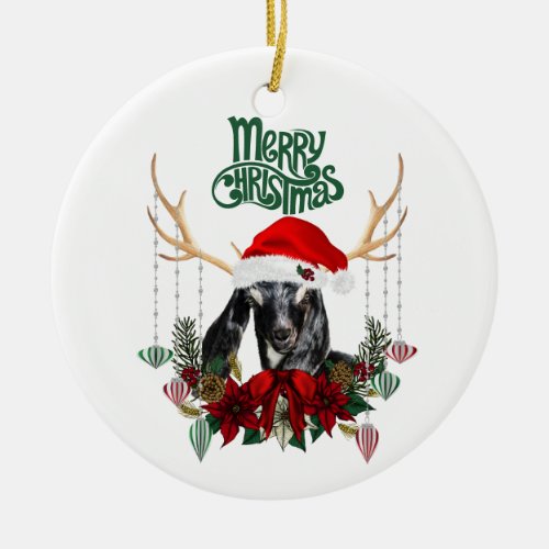 Christmas Nubian Reindeer Kid Goat with Wreath Ceramic Ornament