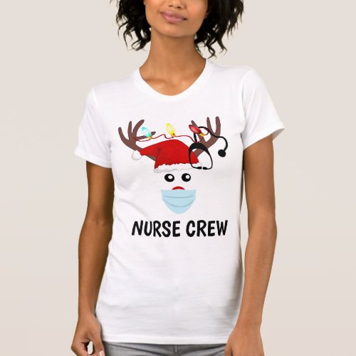 Christmas Nurse Crew Reindeer Wearing Face Mask T_Shirt