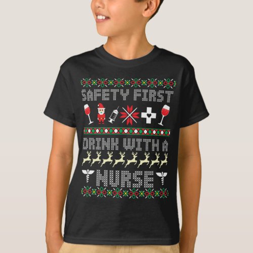 Christmas Nurse Drinking Alcohol Wine Ugly Christm T_Shirt