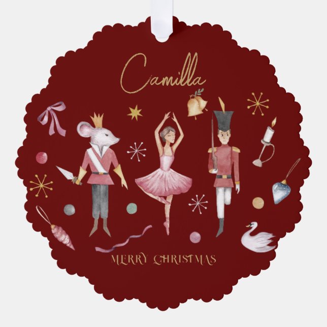 Christmas Nutcracker Ballerina Whimsical Kids Name Ornament Card (Front)