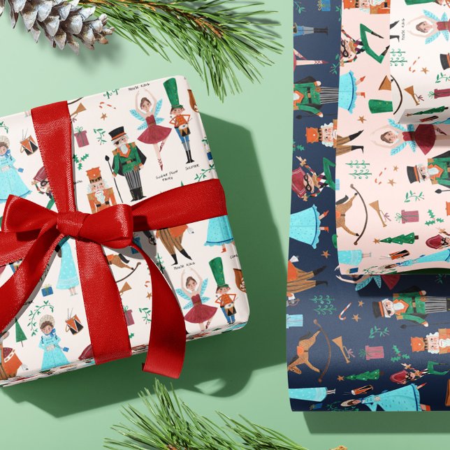 Christmas Nutcracker ballet pink blue ecru Wrapping Paper Sheets (Traditional Christmas Nutcracker gift wrapping paper Holiday kids)