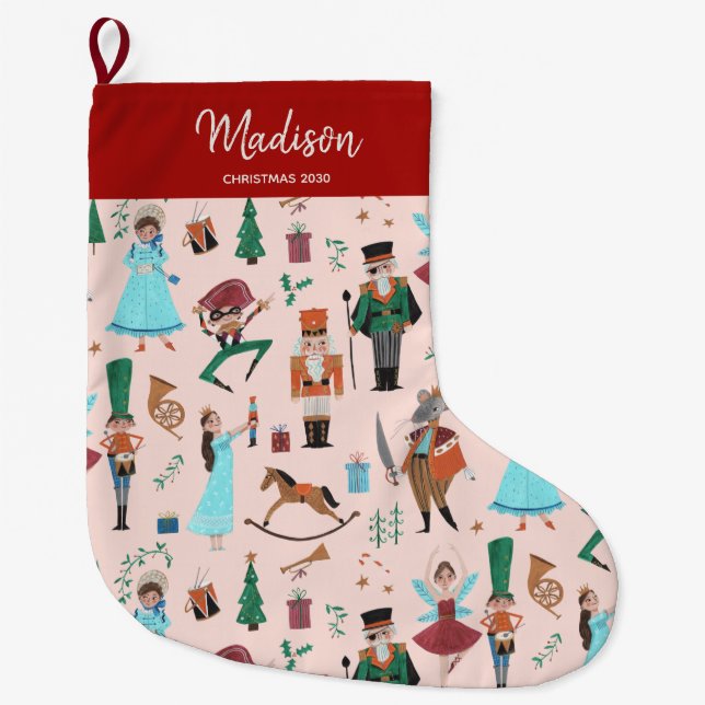 Christmas Nutcracker ballet pink Large Christmas Stocking (Front)