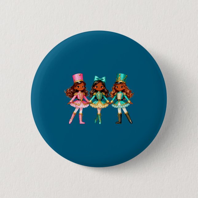Christmas Nutcracker Black Girls Kids Festive Xmas Button (Front)