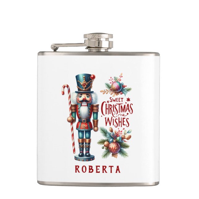 Christmas Nutcracker Candy Cane Christmas Wishes Flask (Front)