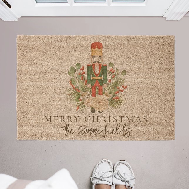Christmas Nutcracker Custom Script Family Name Fiber Doormat (Christmas Holidays Nutcracker Red Berries Rustic Coir Doormat)
