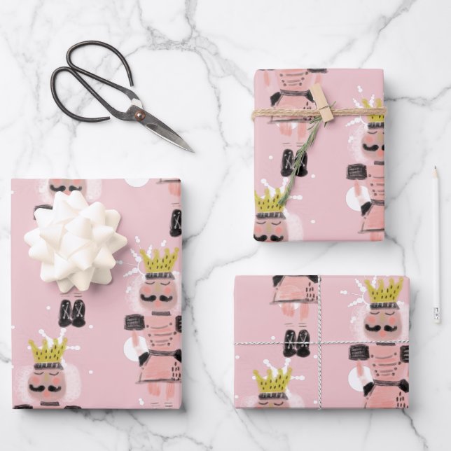 Christmas Nutcracker Figures Hand Drawn Pink Wrapping Paper Sheets (Front)