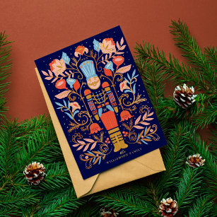 Christmas Nutcracker Floral Folk Art Deep Blue Holiday Card