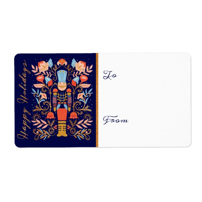 Christmas Nutcracker Floral Folk Art Deep Blue Label (Front)