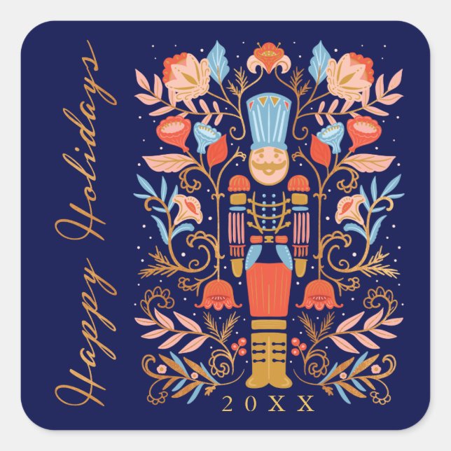 Christmas Nutcracker Floral Folk Art Deep Blue Square Sticker (Front)