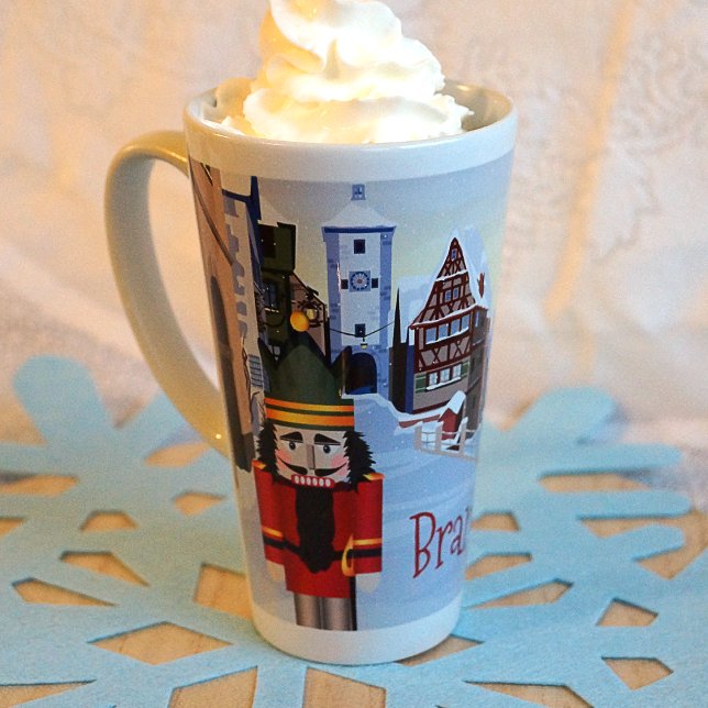 Christmas Nutcracker Personalized Name Red Latte Mug (Nostalgic Festive Christmas Red Nutcracker Hot Cocoa Chocolate Mug with Name, Light Blue, Red)