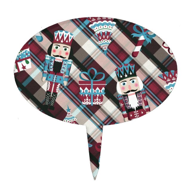 Christmas Nutcracker Plaid Blue Burgundy Cake Topper (Front)