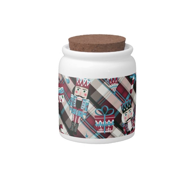Christmas Nutcracker Plaid Blue Burgundy Candy Jar (Front)
