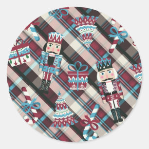 Christmas Nutcracker Plaid Blue Burgundy Classic Round Sticker