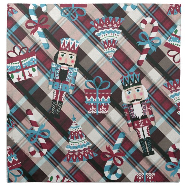 Christmas Nutcracker Plaid Blue Burgundy Cloth Napkin (Front)