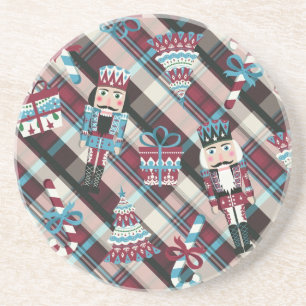 Christmas Nutcracker Plaid Blue Burgundy Coaster