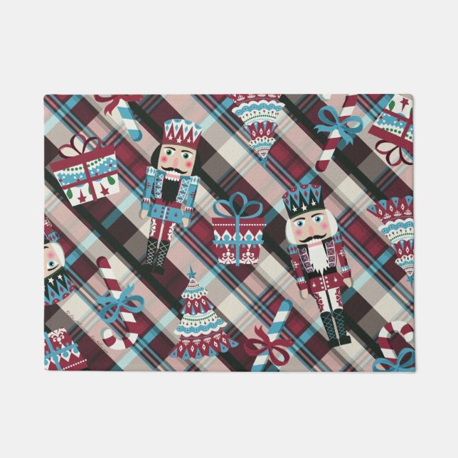 Christmas Nutcracker Plaid Blue Burgundy Doormat (Front)