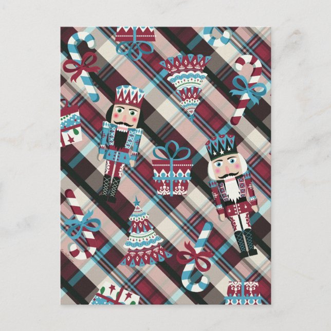 Christmas Nutcracker Plaid Blue Burgundy Holiday Postcard (Front)