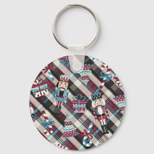 Christmas Nutcracker Plaid Blue Burgundy Keychain