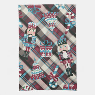 Christmas Nutcracker Plaid Blue Burgundy Kitchen Towel