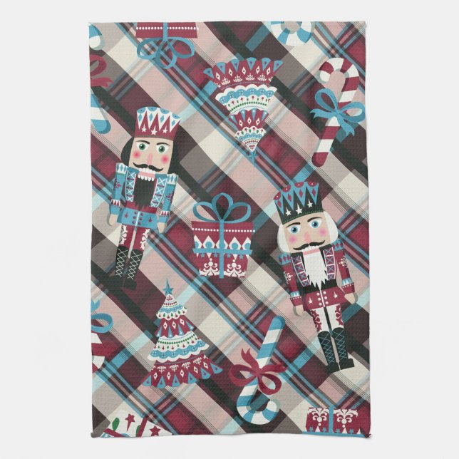 Christmas Nutcracker Plaid Blue Burgundy Kitchen Towel (Vertical)