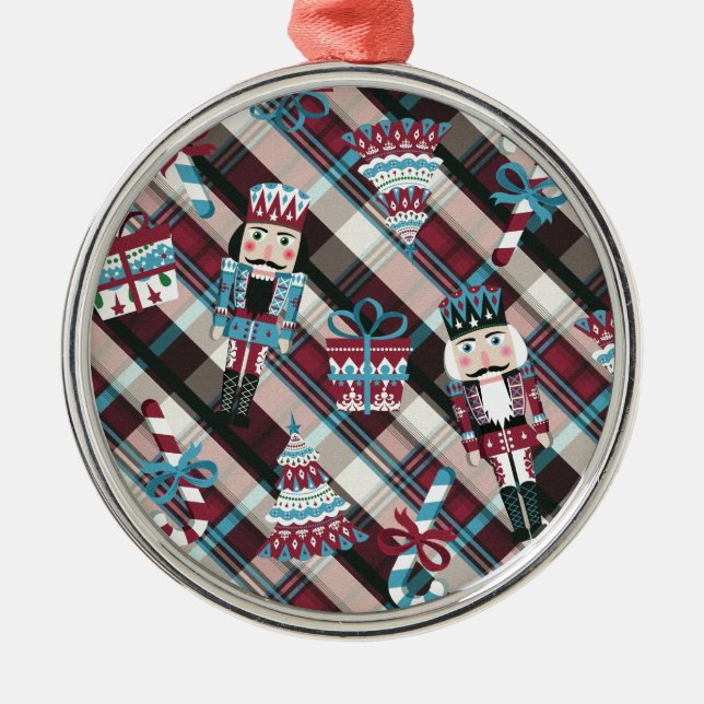 Christmas Nutcracker Plaid Blue Burgundy Metal Ornament (Front)