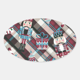 Christmas Nutcracker Plaid Blue Burgundy Oval Sticker