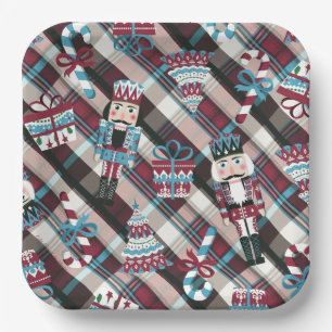 Christmas Nutcracker Plaid Blue Burgundy Paper Plates
