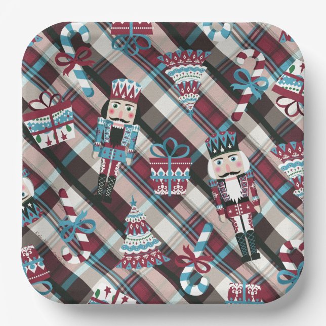 Christmas Nutcracker Plaid Blue Burgundy Paper Plates (Front)