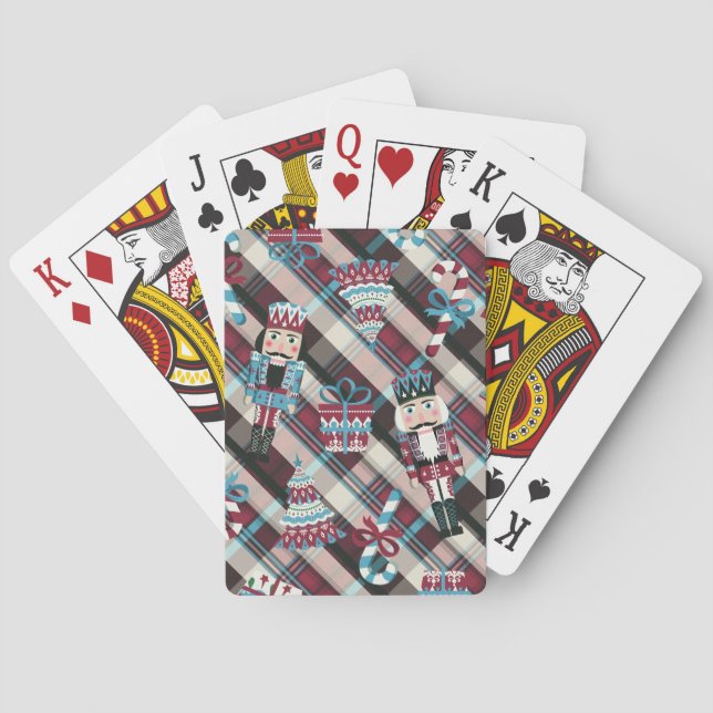 Christmas Nutcracker Plaid Blue Burgundy Poker Cards (Back)