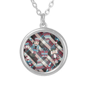 Christmas Nutcracker Plaid Blue Burgundy Silver Plated Necklace