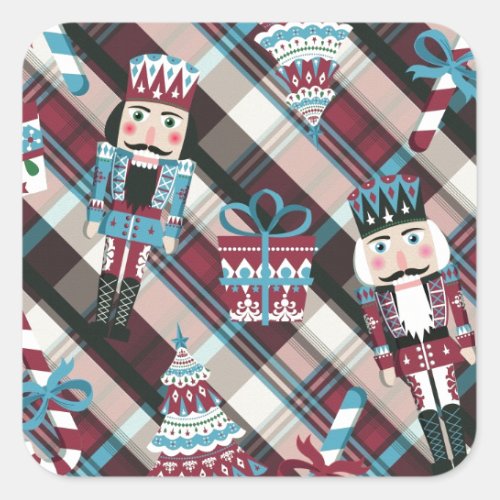 Christmas Nutcracker Plaid Blue Burgundy Square Sticker