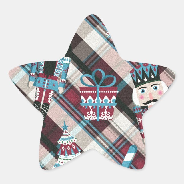 Christmas Nutcracker Plaid Blue Burgundy Star Sticker (Front)