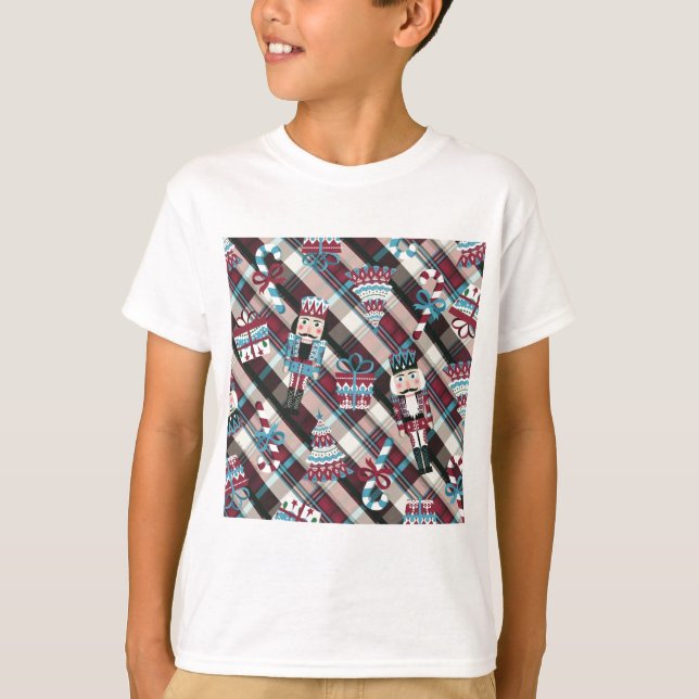 Christmas Nutcracker Plaid Blue Burgundy T-Shirt (Front)