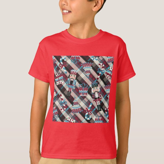 Christmas Nutcracker Plaid Blue Burgundy T-Shirt (Front)